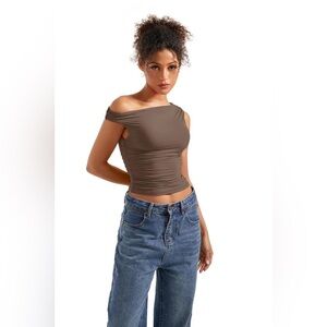 Suuksess Brown Buttery Soft Off Shoulder Cropped Shirt